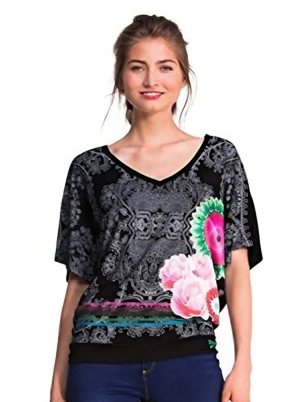 NWOT DESIGUAL Women's Black TS CROACIA 50T24H7 Loose Cut Tee Shirt Size Medium.